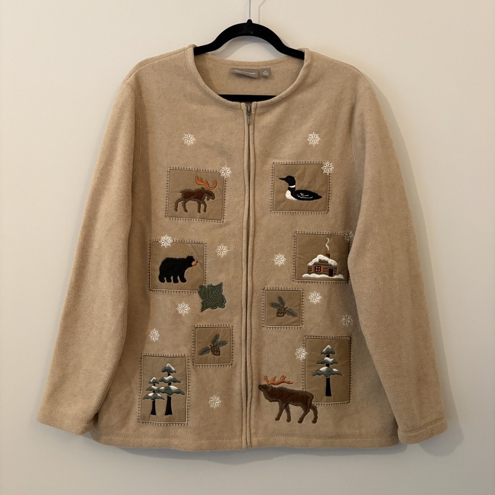 Croft & Barrow Woodland Animal Fleece Full Zip Jacket 1X Cabincore Camp Novelty